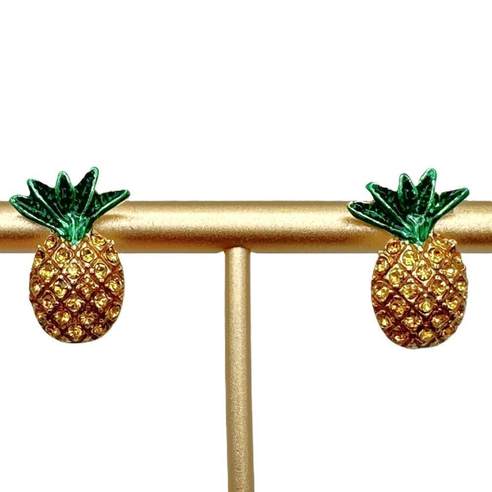 Pineapple Rhinestone Earrings 3/4 Inch Tropical Vacation Summer Hawaii